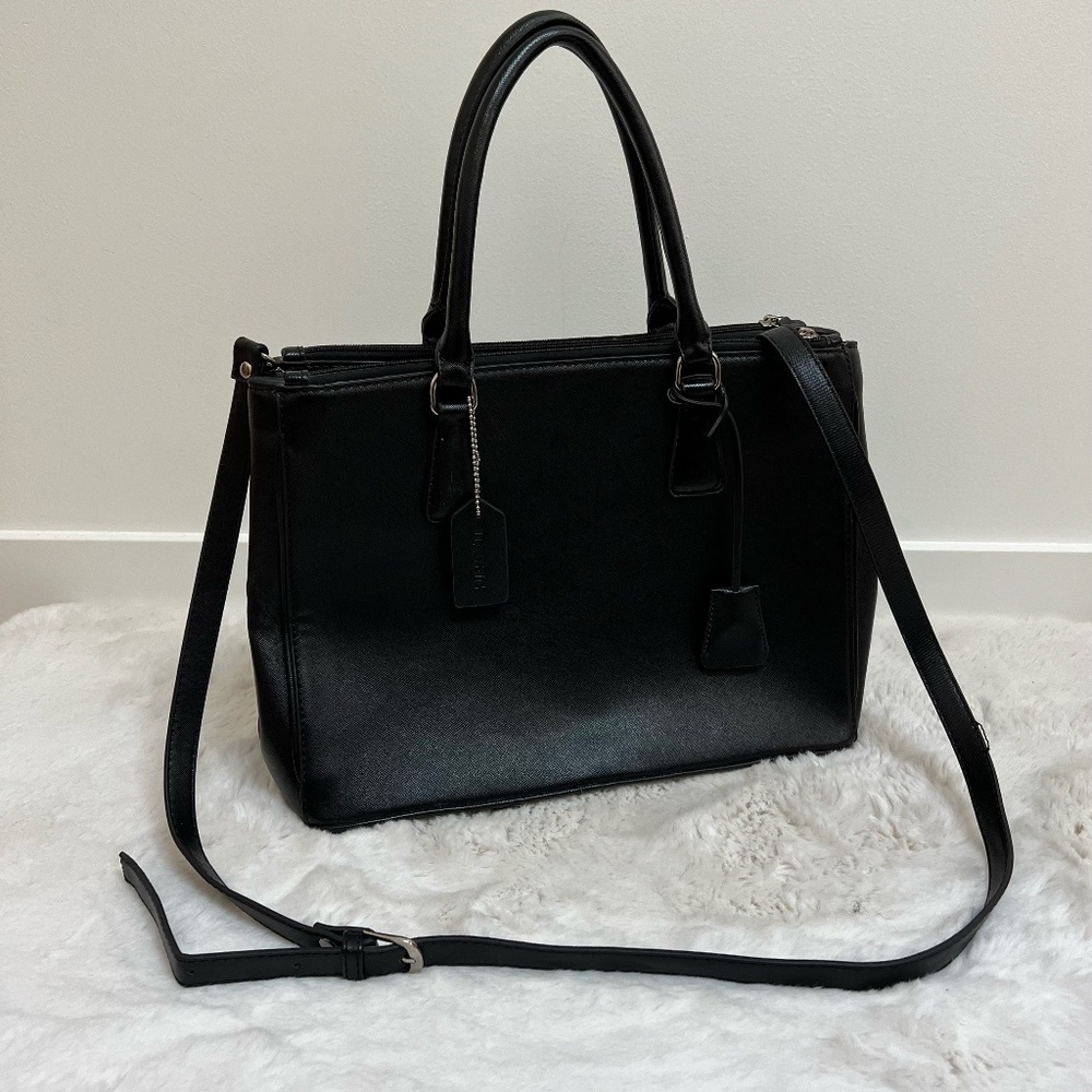 Dasein | Vegan Faux PU Leather Two Handles Crossbody Strap Black Handbag Satchel